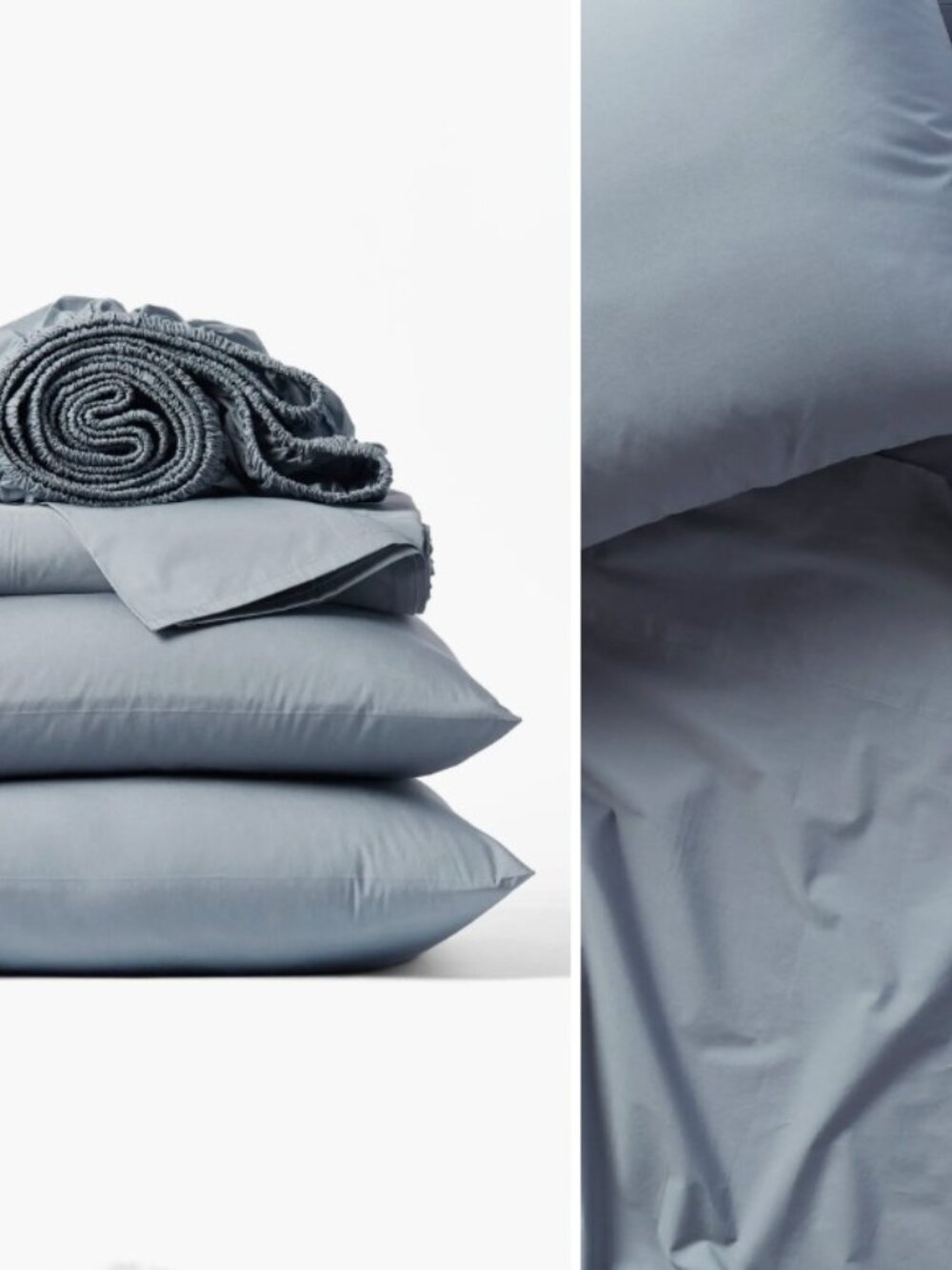 Coyuchi 300 TC Organic Percale Cotton Cal King Sheet Set - Steel Blue